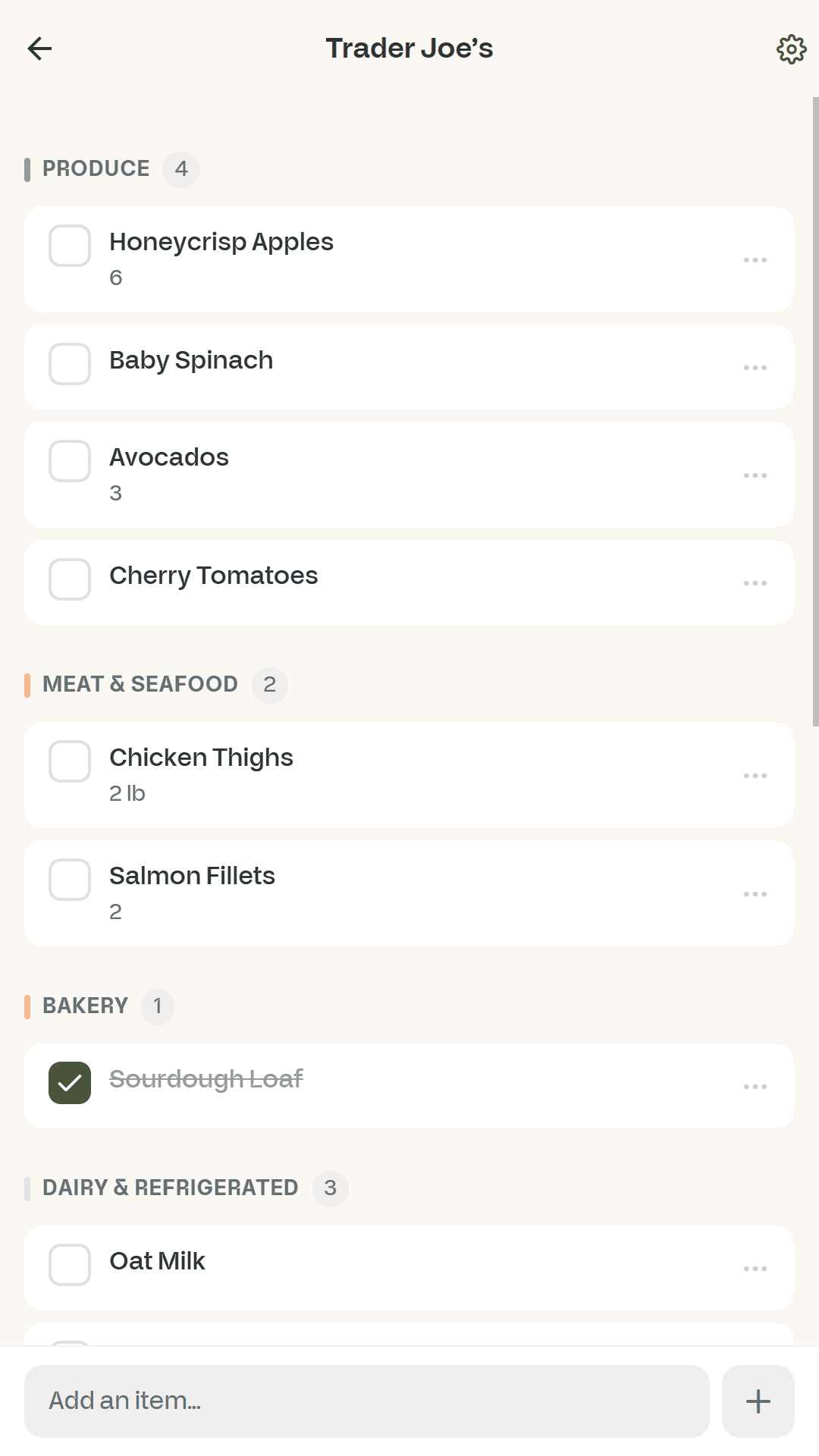 Magic Pantry list view with grocery items grouped by category.