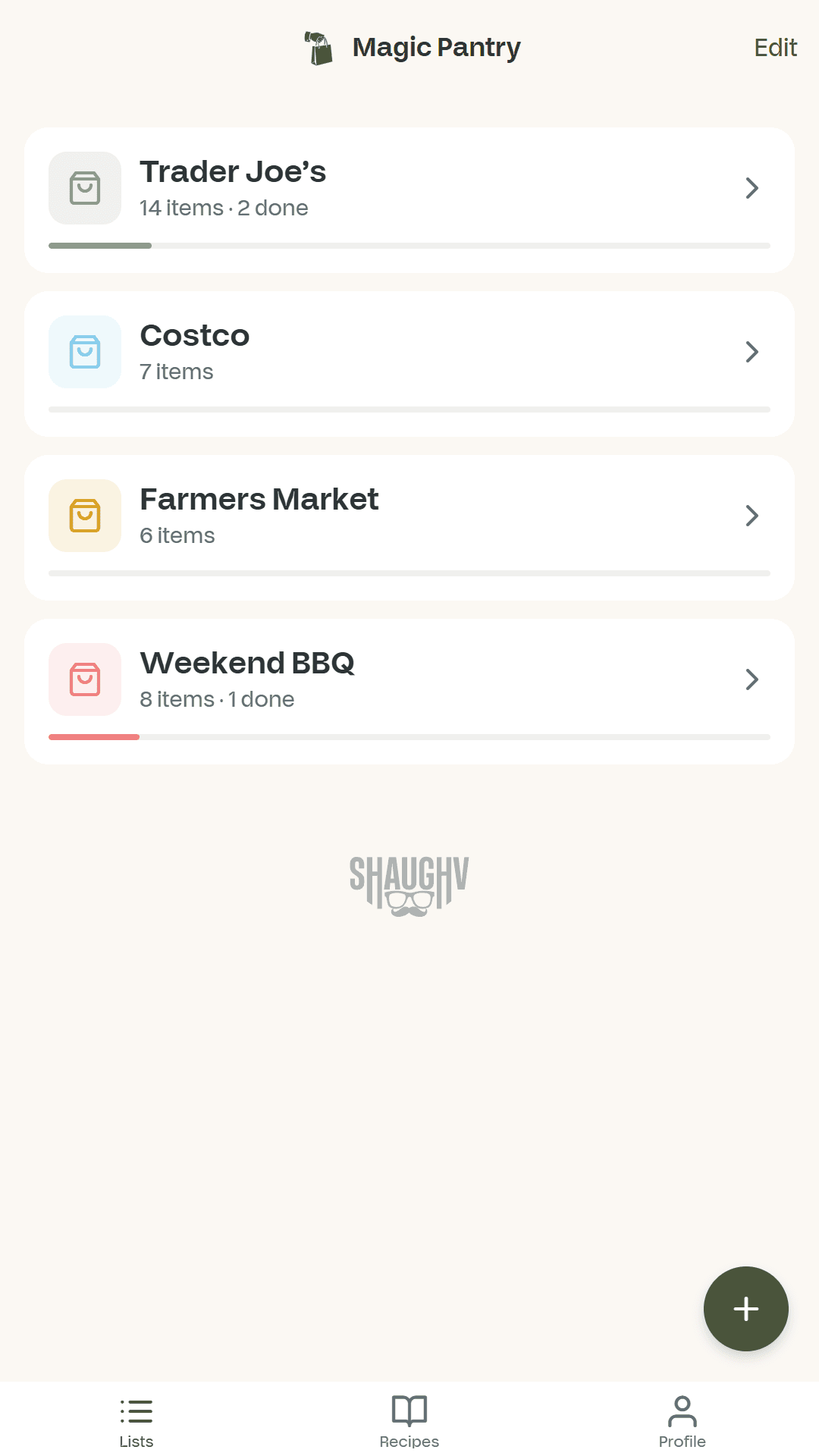 Magic Pantry showing grocery lists for Trader Joe's, Costco, Farmers Market, and Weekend BBQ.