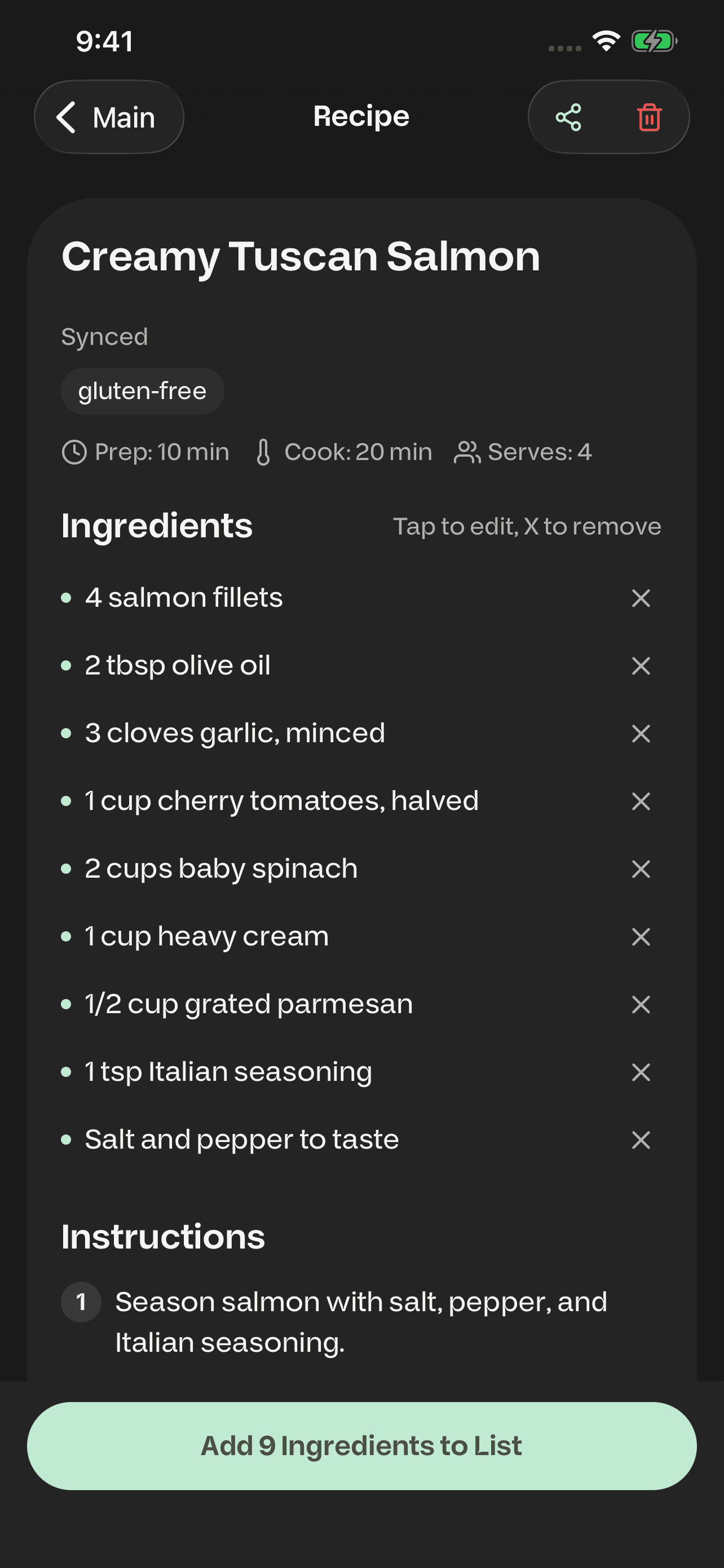 Native Magic Pantry recipe for Creamy Tuscan Salmon, with ingredients, cooking instructions, and Add 9 Ingredients to List.