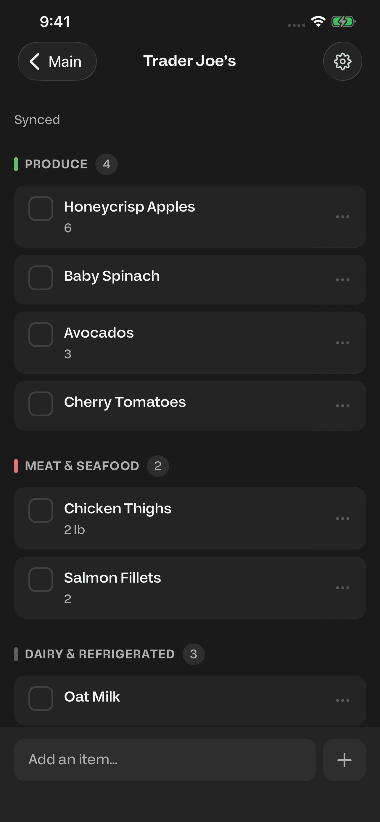 Native Magic Pantry shopping list in dark mode, with produce, meat and seafood, quantities, and an item composer.