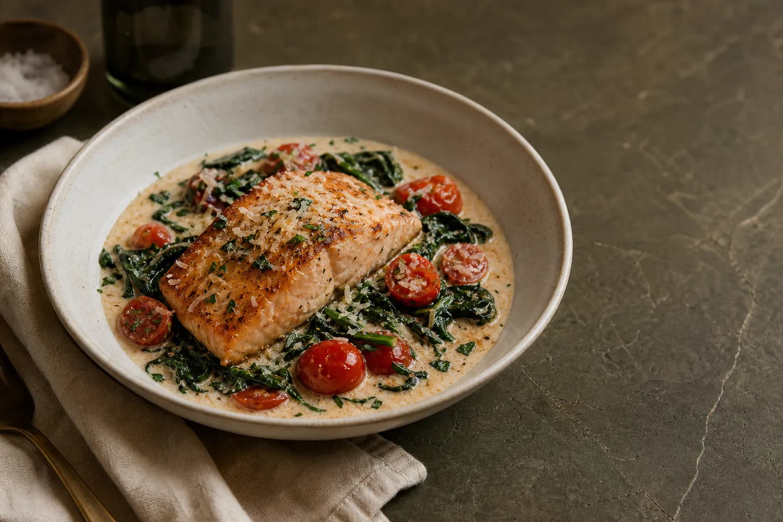 Creamy salmon pasta with tomatoes and spinach.